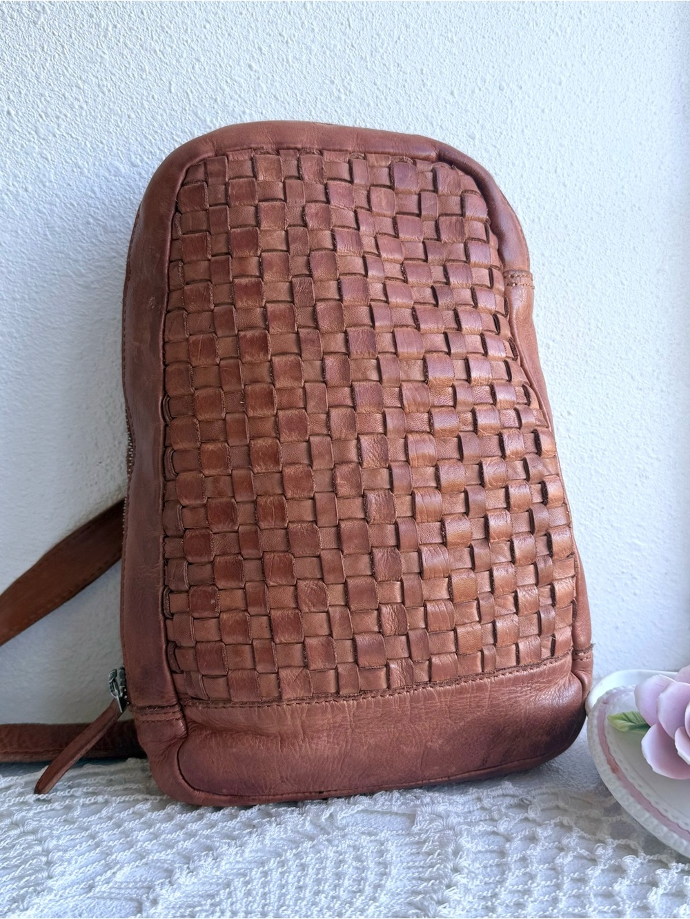 Vilenca Holland Woven Leather Sling Backpack Brown Genuine Leather Bag